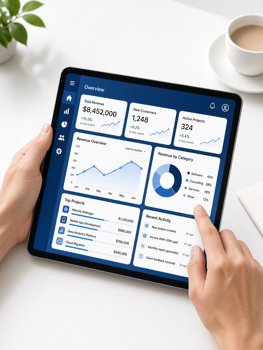 Hands using a business dashboard on a tablet